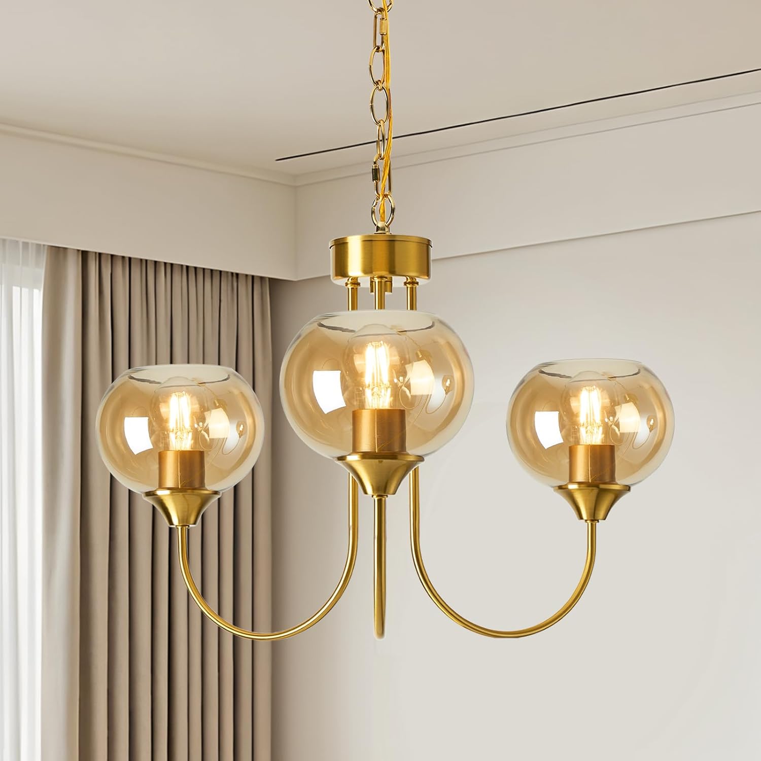Vintage Luxe Orange Chandelier — 5-Light — Chain - Amber 3 Lights