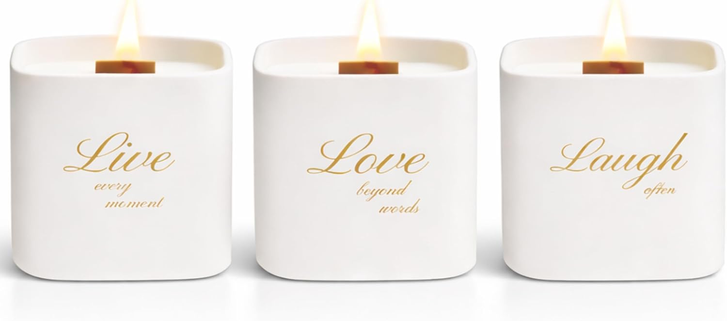 Scented Luxe Wood Soy Candle — Set of 3 — Orange Blossom, White Tea, and White Bloom