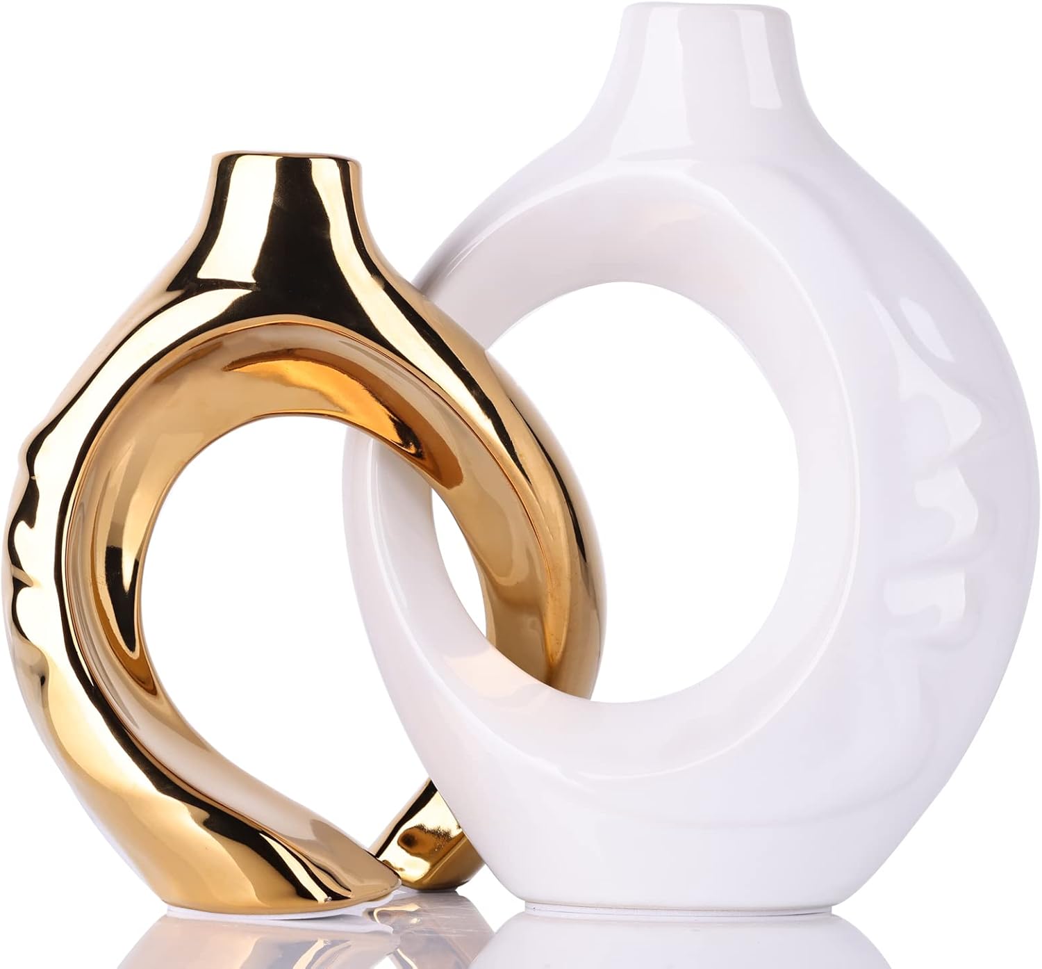 Round Boho Blue Vase Set — Set of 2 — White Gold