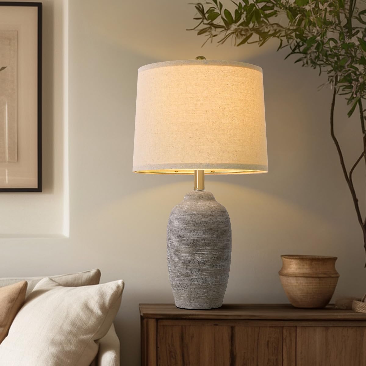 Vintage Farmhouse Beige Bedside Lamp — 24.5" — Purple-grey