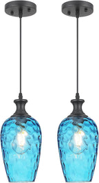 Farmhouse Black Pendant Light — 1-Light — Black + Blue Glass