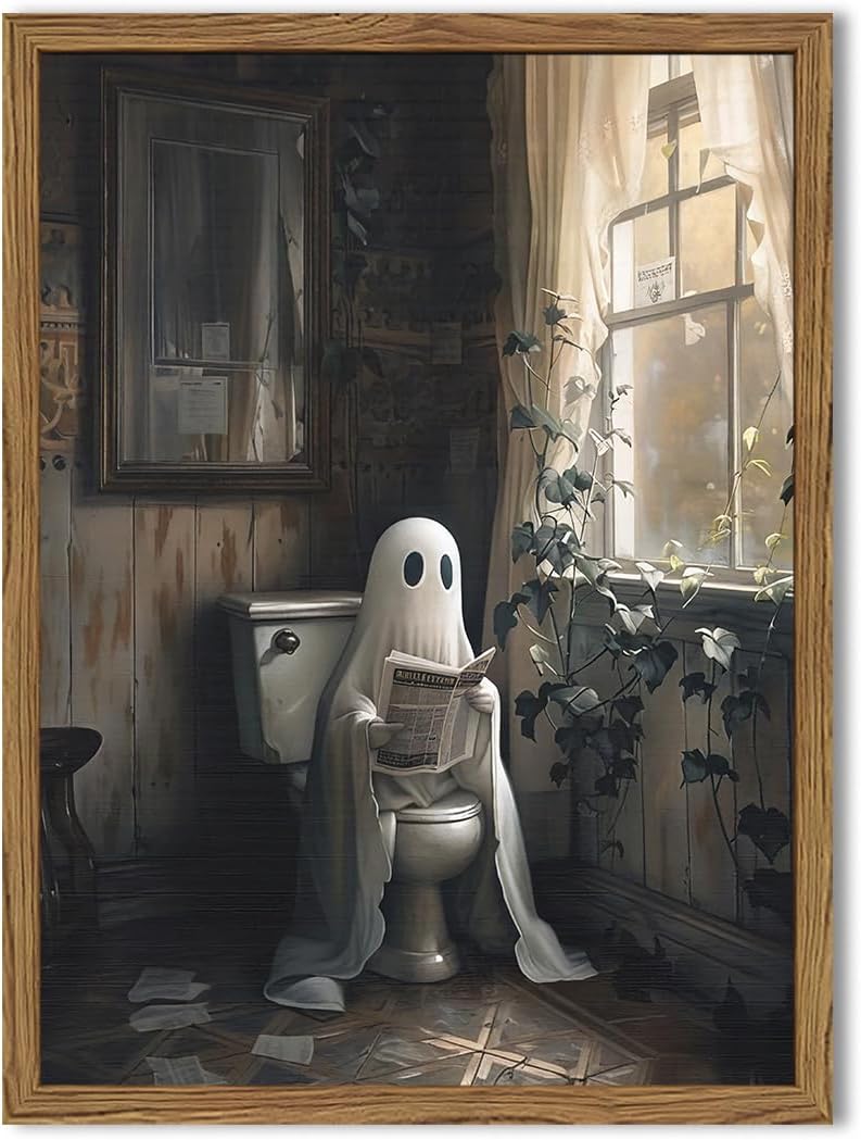Framed Orange Wall Decor — 16" — Ghost Reading Newspaper