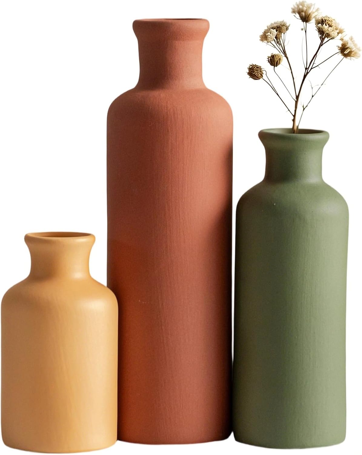 Farmhouse Beige Vase Set — Set of 3 — Green Mix