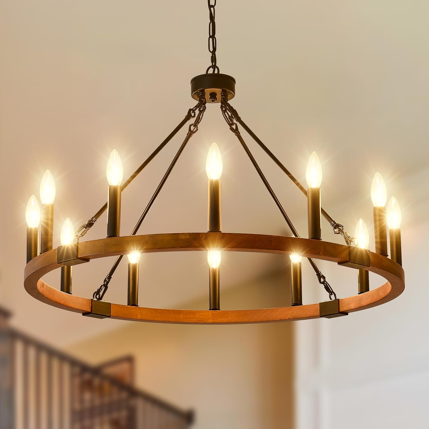 Round Farmhouse Black Chandelier — 12-Light — Wooden