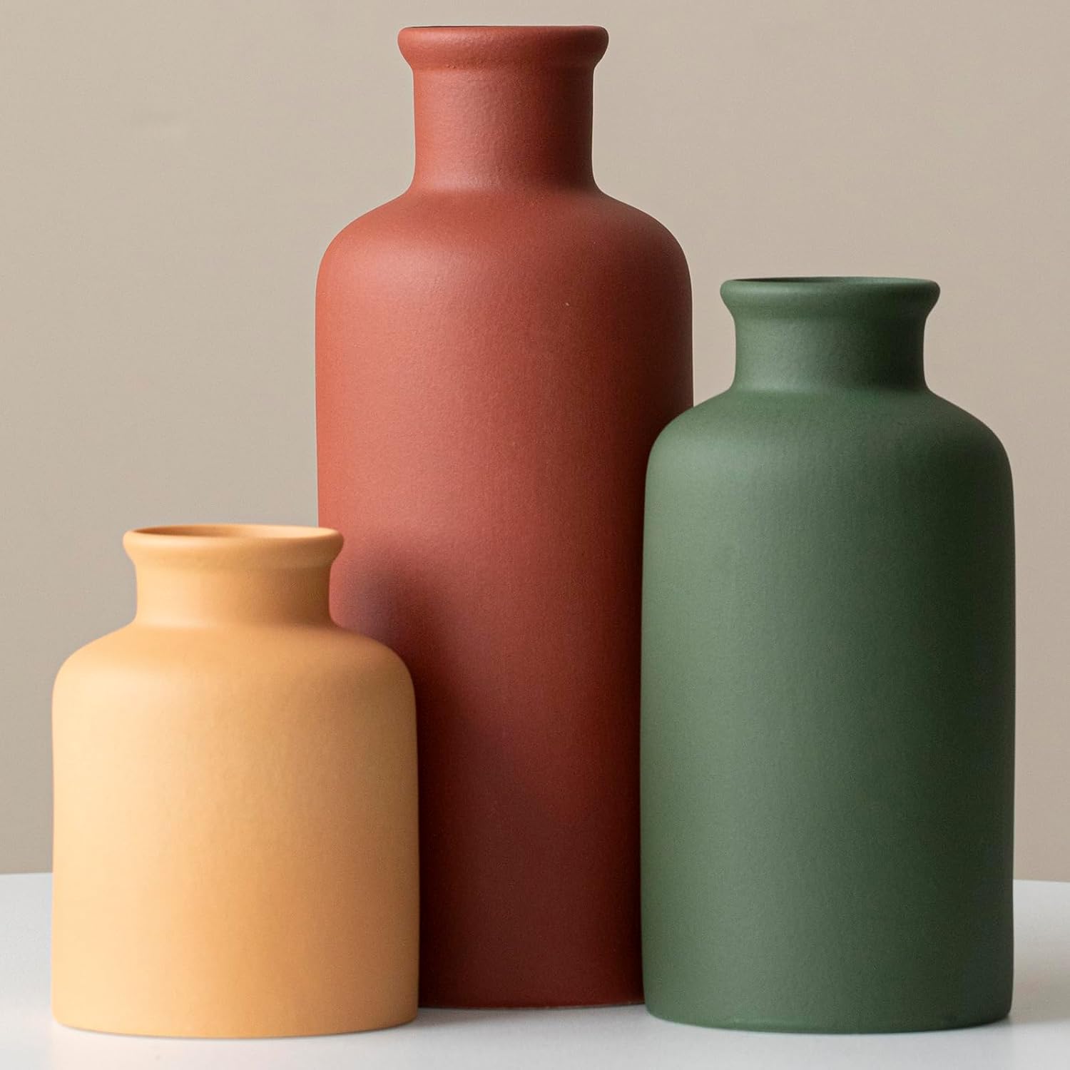 Farmhouse Beige Vase Set — Set of 3 — XL Green Mix