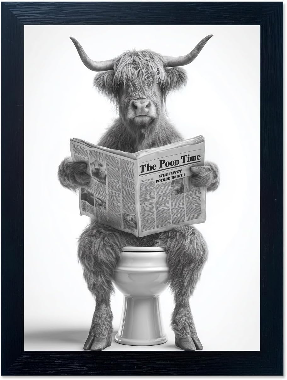 Framed Farmhouse Black Wall Decor — 8" — Highland Cow Toilet Reading Newspaper