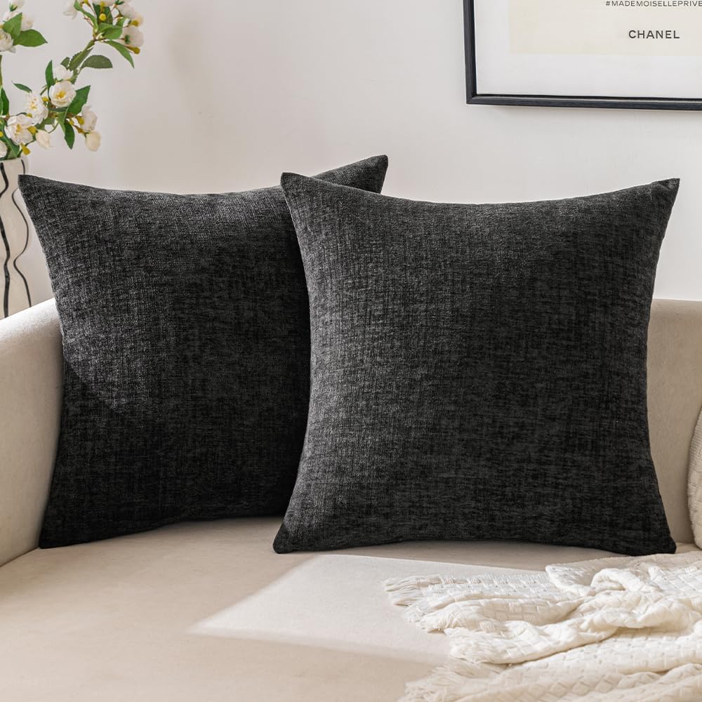 Chenille Boho Beige Throw Pillow Cover — 18" — Black