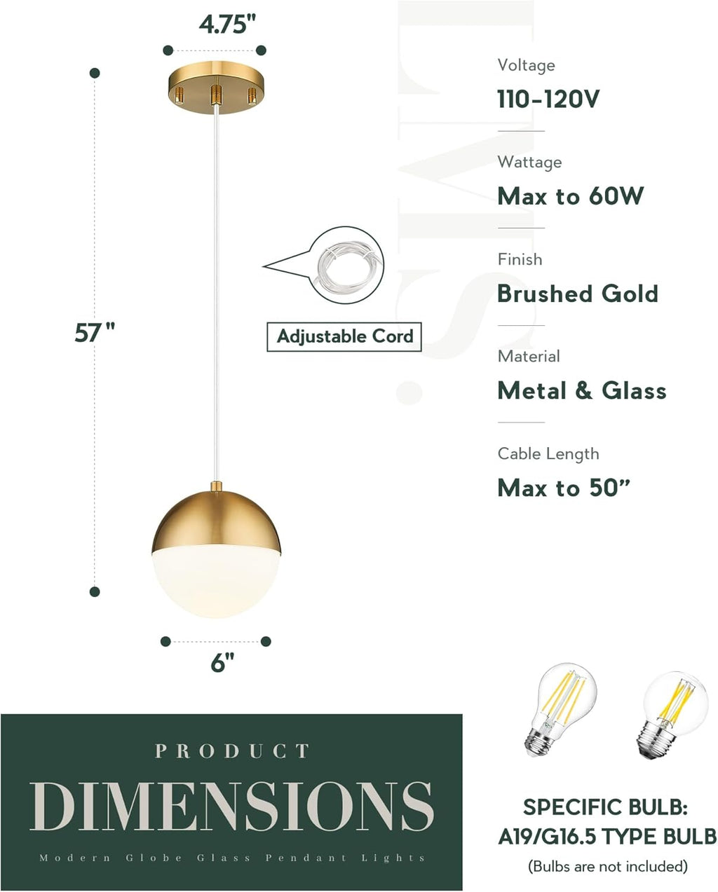 Adjustable Luxe Black Pendant Light — 6" - View 3