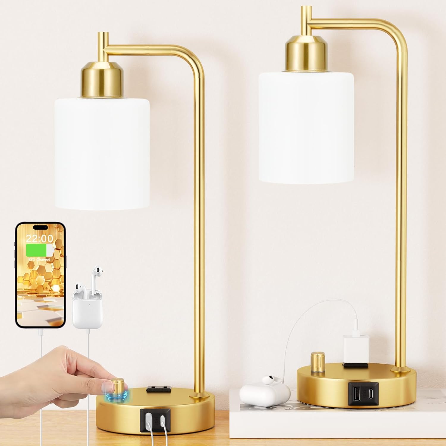 Dimmable Brown Bedside Lamp — Set of 2 — Opal Glass&Gold Base