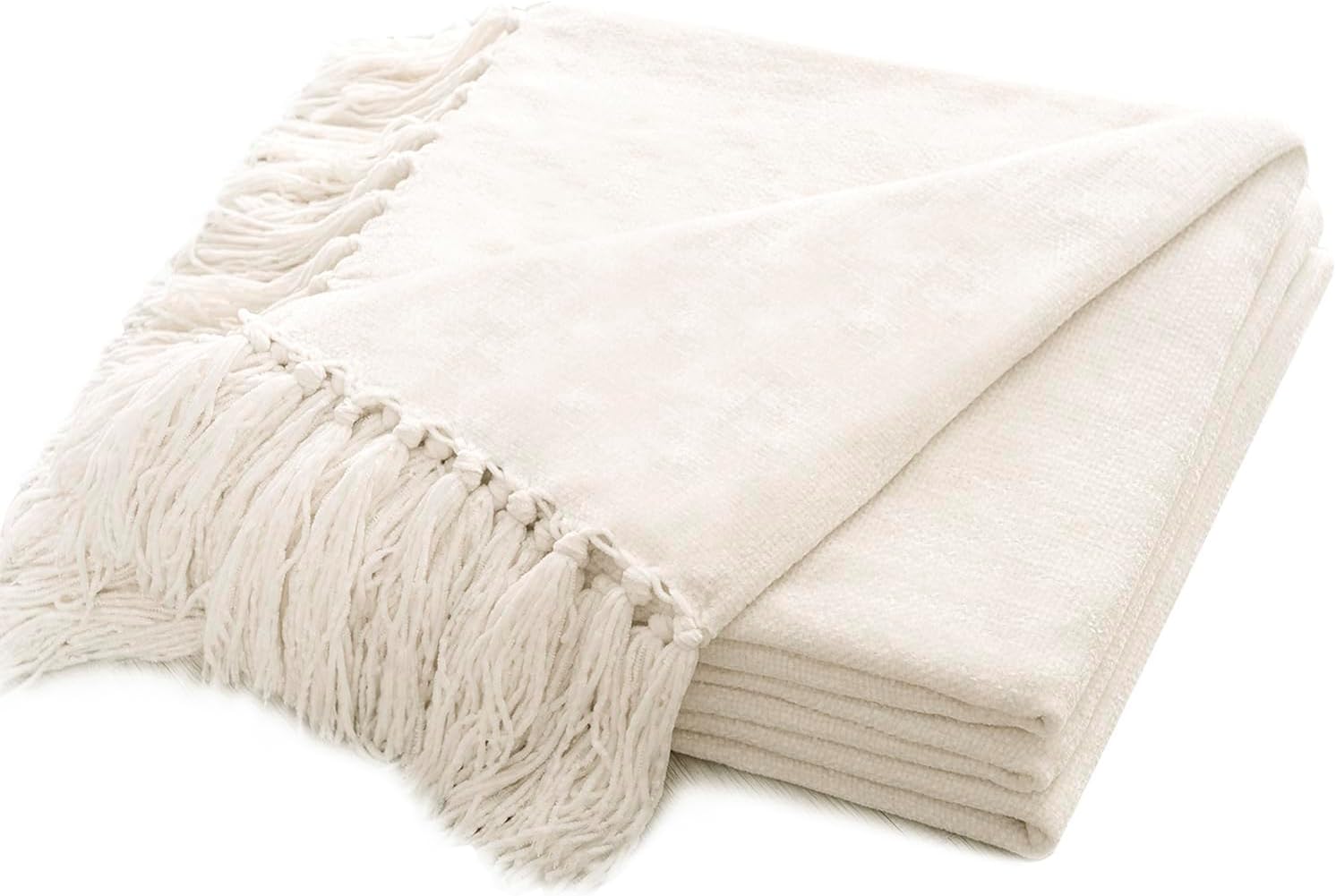 Chenille Boho Beige Throw Pillow — 50" — Ivory White