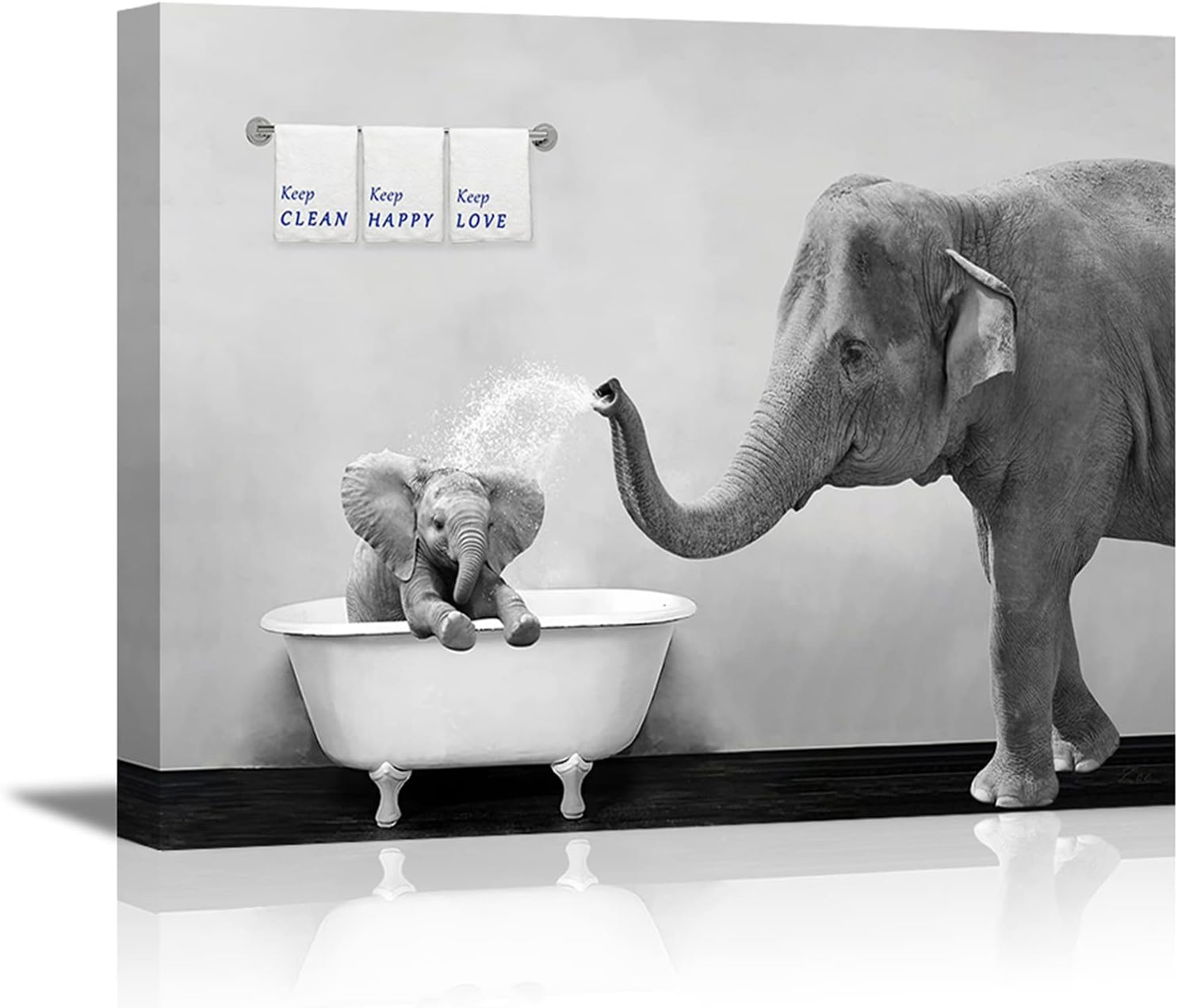 Black Wall Art — 24" — Black & White Elephant Family