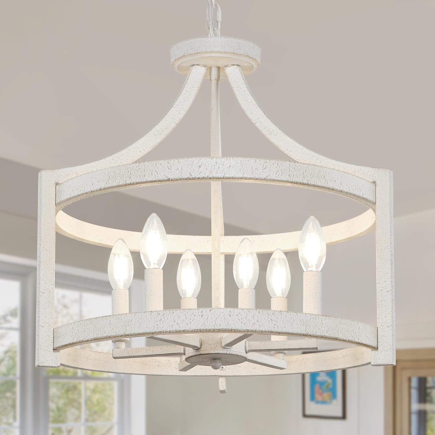 Convertible Farmhouse Black Chandelier — 6-Light — 6-Lights Distressed White