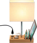 USB Charging Beige Bedside Lamp — Natural Wood