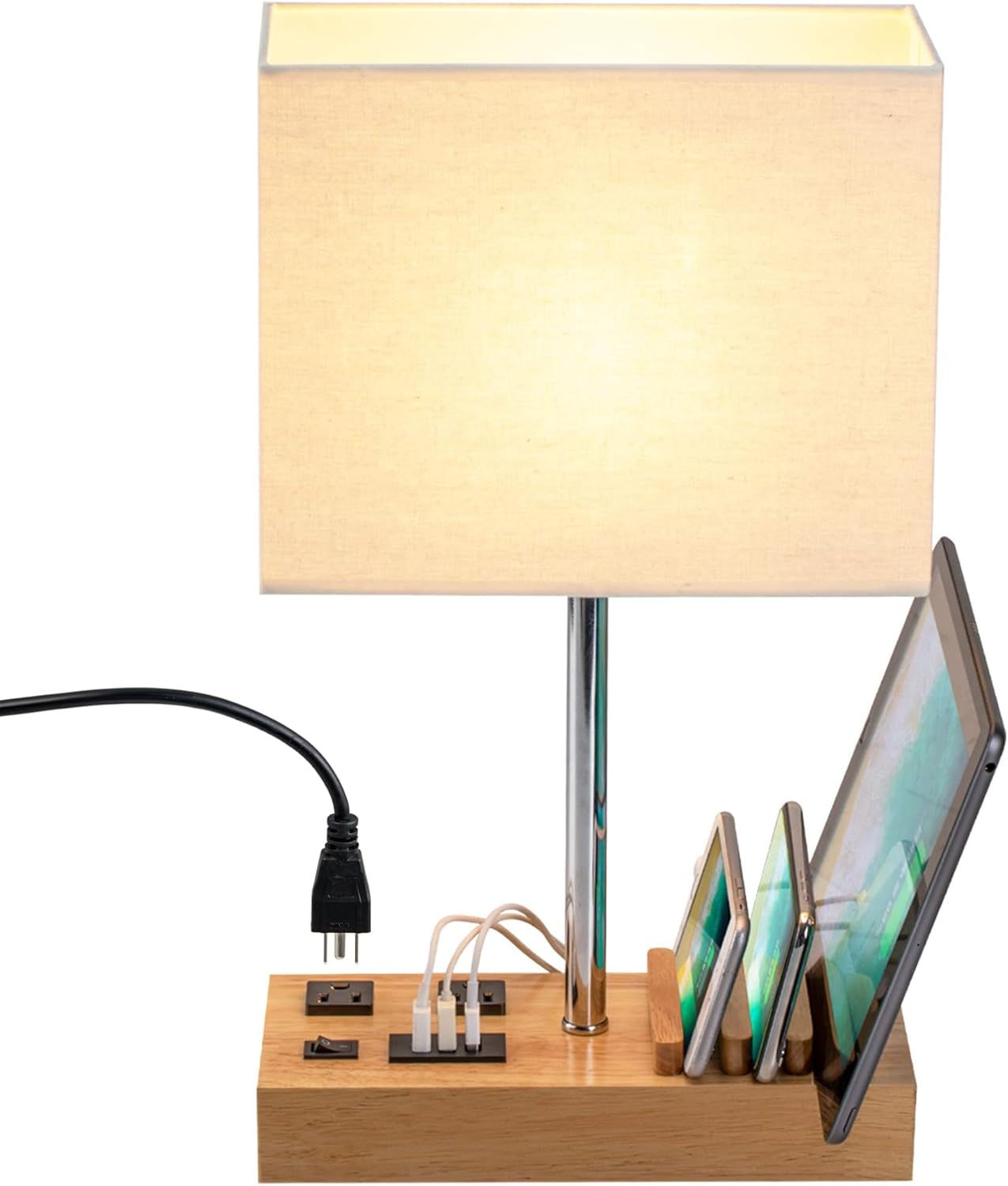 USB Charging Beige Bedside Lamp — Natural Wood