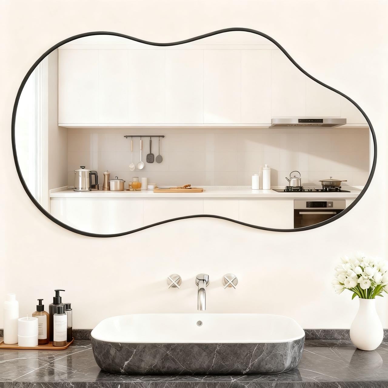 Round Luxe Black Wall Mirror — 12" — 46"L x 26"W