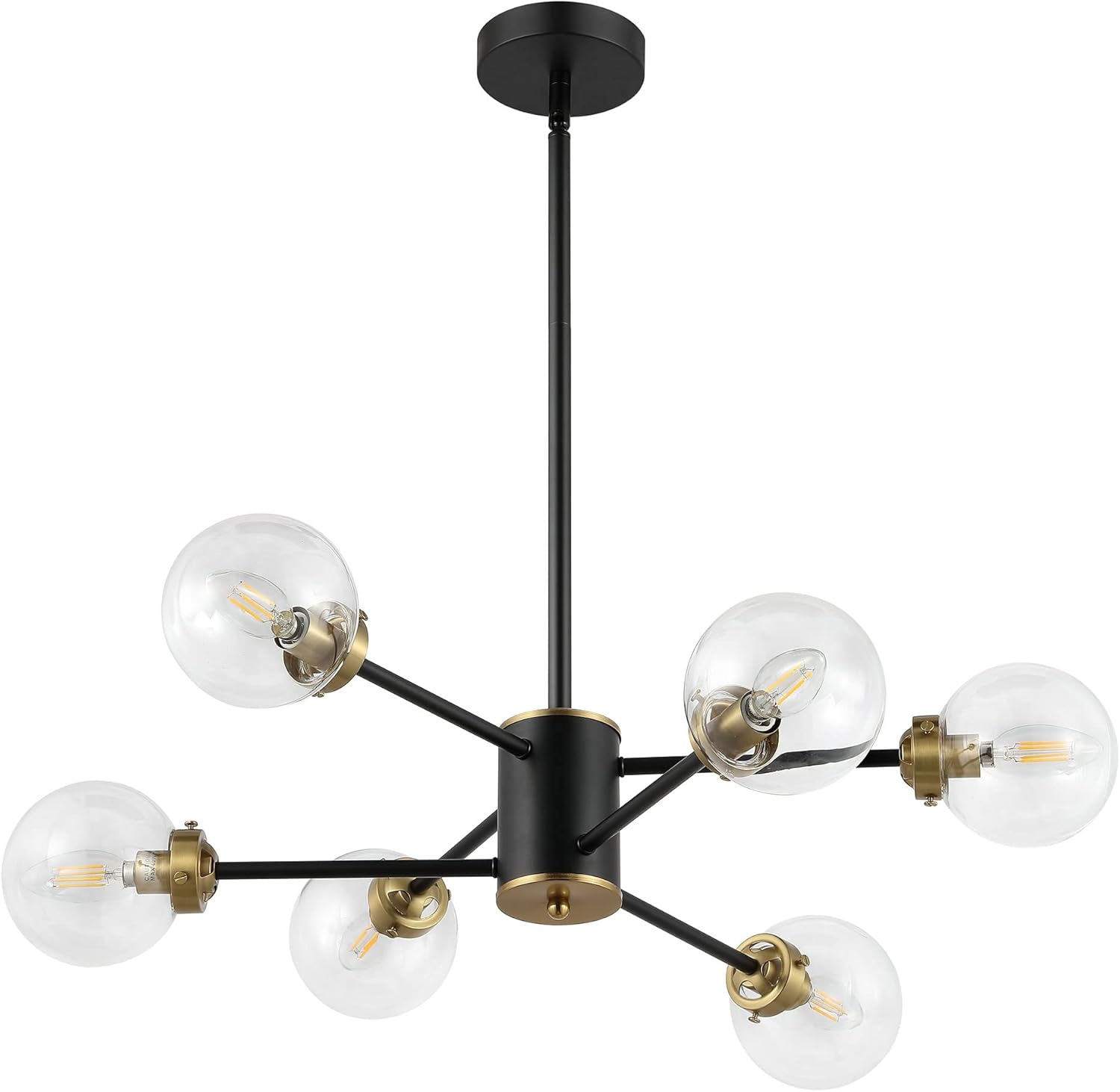 Adjustable Modern Black Chandelier — 6-Light — Black + Clear Glass