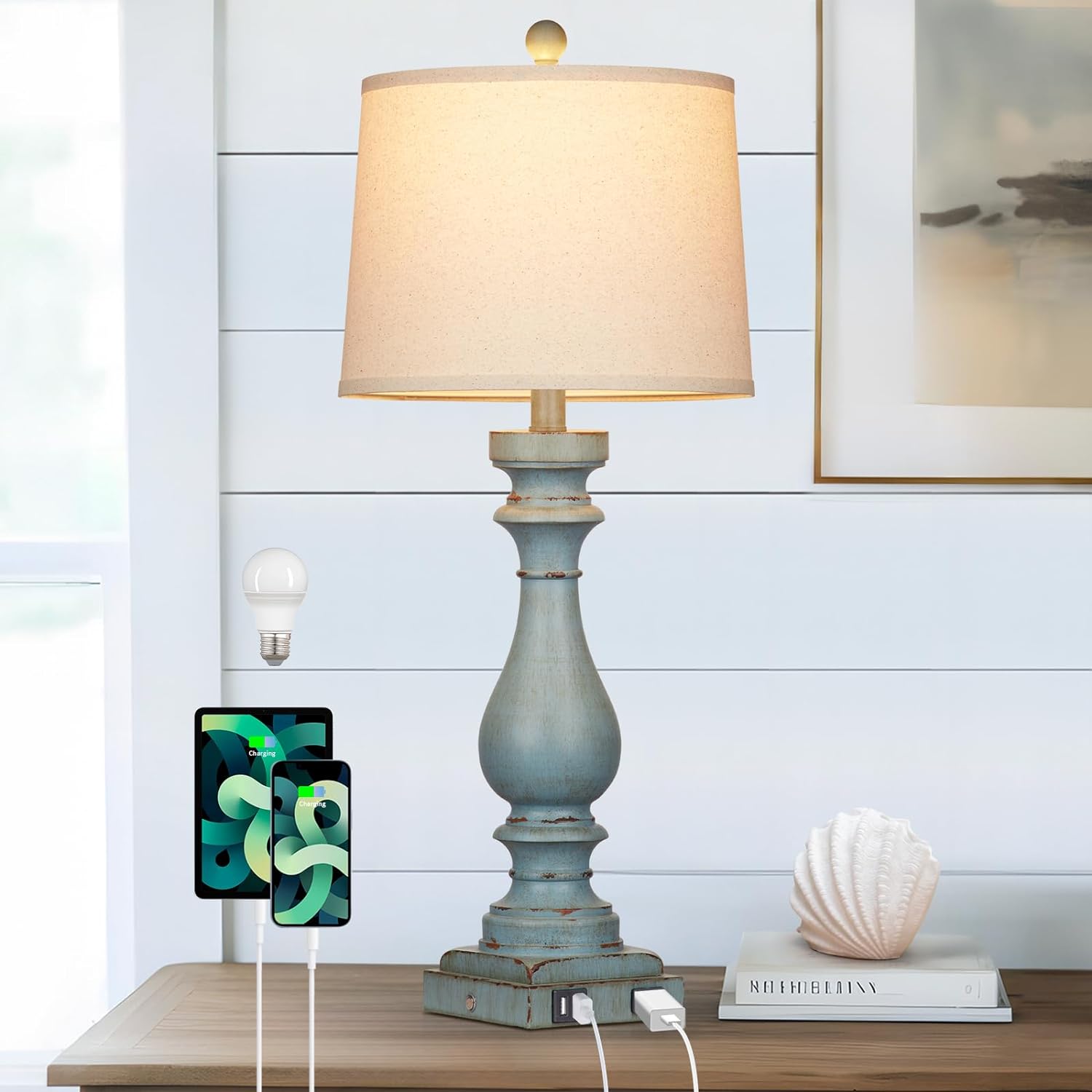 Dimmable Mid-Century Beige Nightstand Lamp — 27.5" — 1Pack Retro Blue