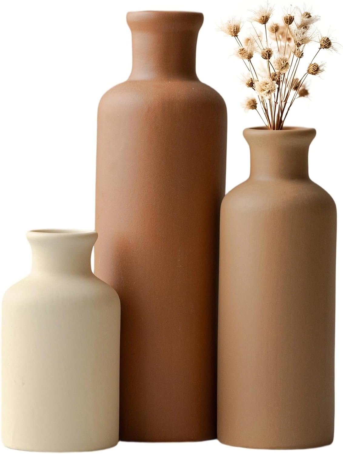 Farmhouse Beige Vase Set — Set of 3 — Coffee Mix