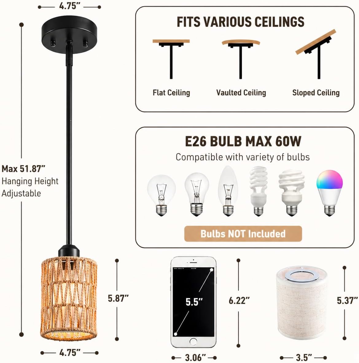 Adjustable Boho Metal Pendant Light — 4.8" - View 4