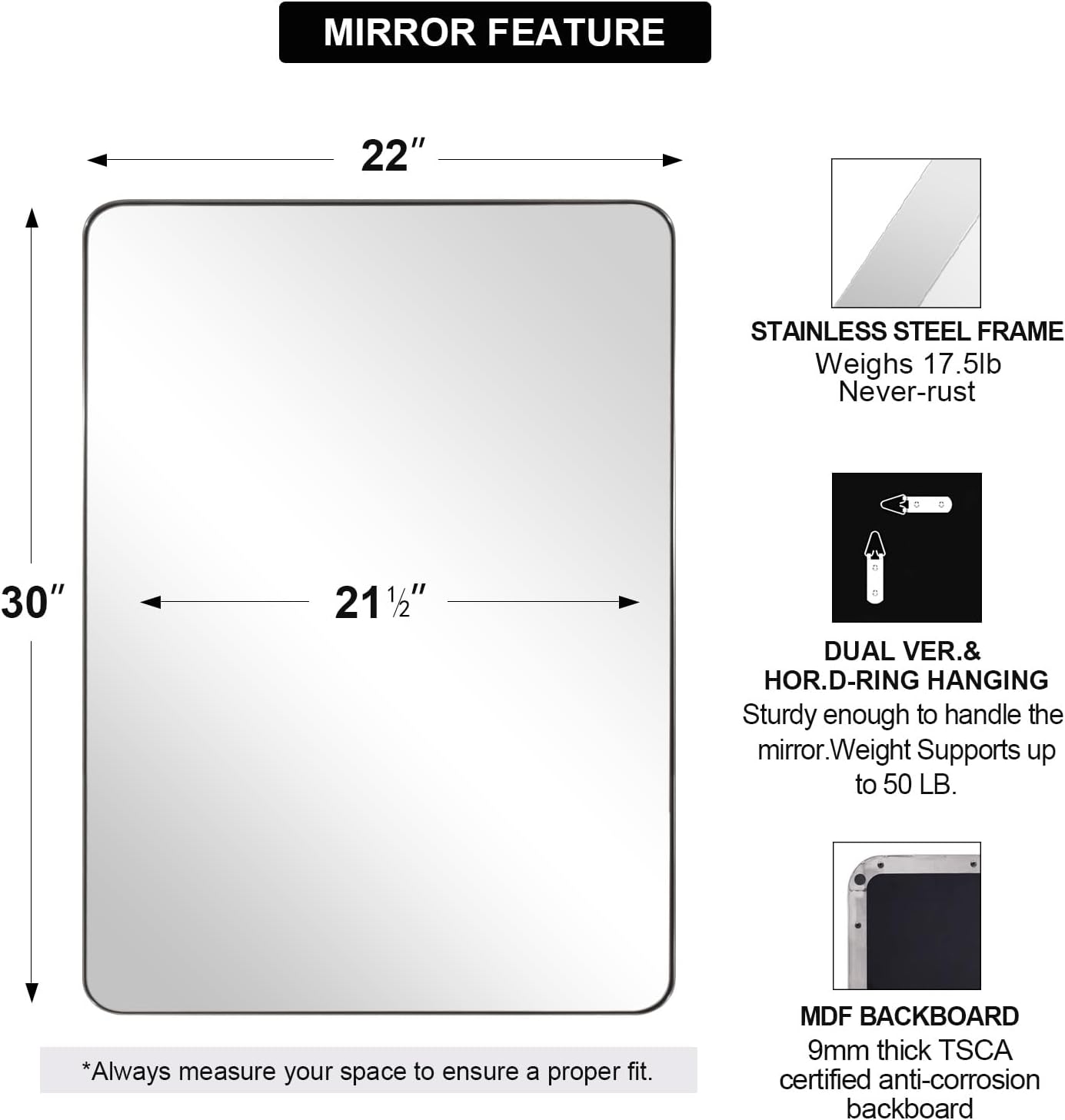 Rectangular Black Wall Mirror — 22" - View 2