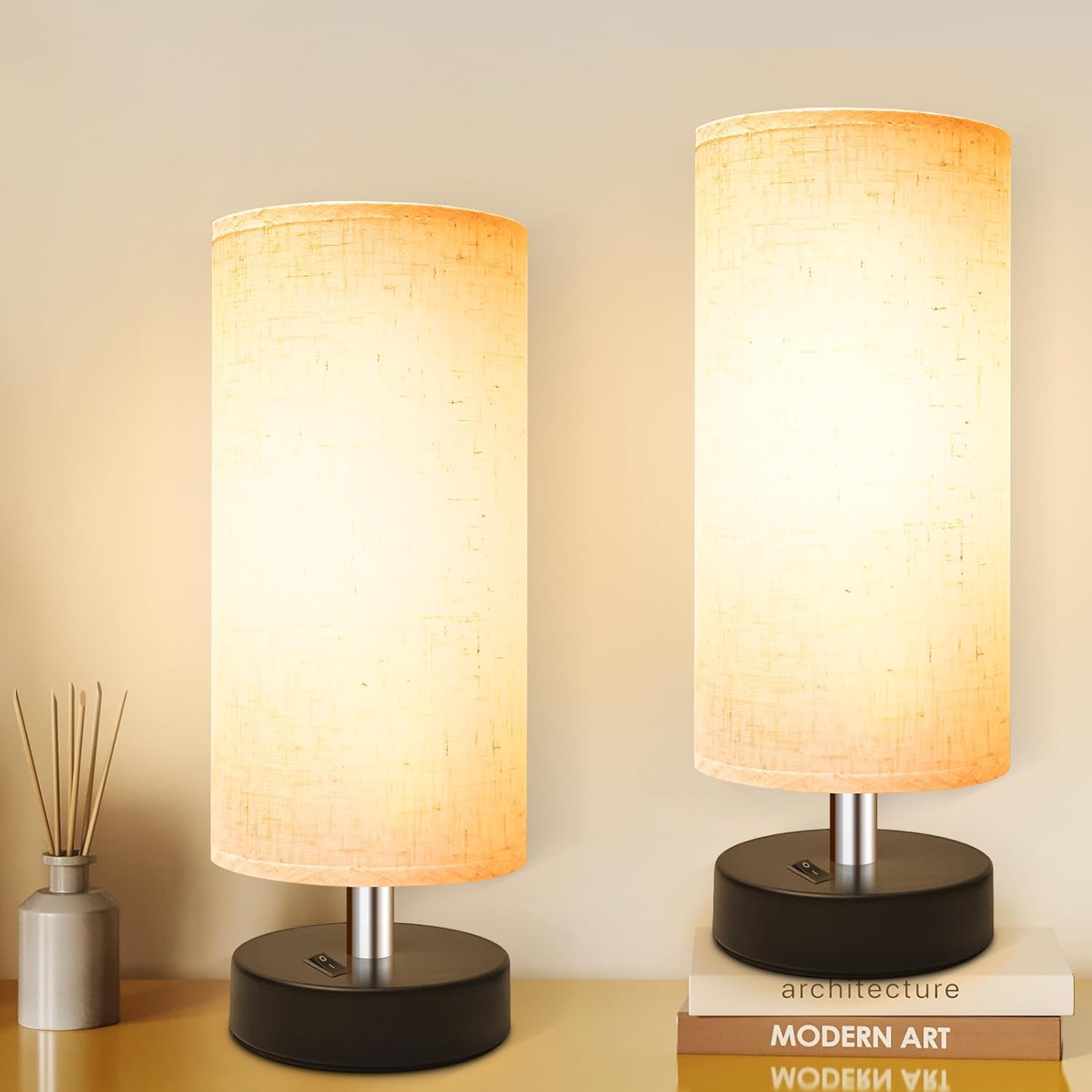Round Modern Grey Bedside Lamp — 8" — 2 Pack