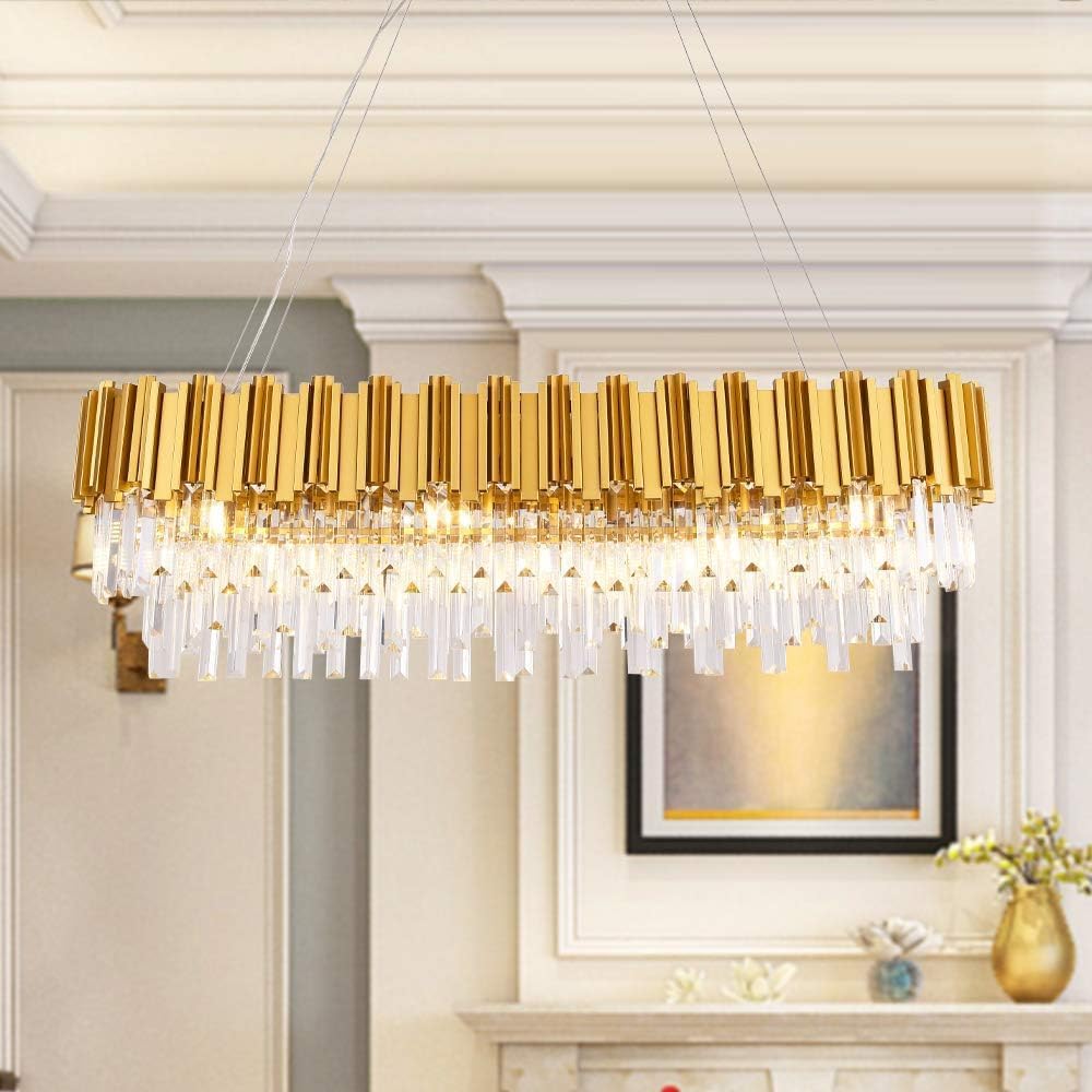Rectangular Luxe Black Chandelier — 12-Light — Raindrop-Gold