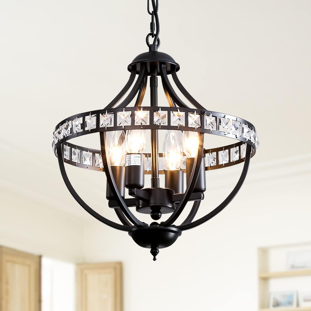 Vintage Farmhouse Black Chandelier — 4-Light — Black Crystal 4-Light
