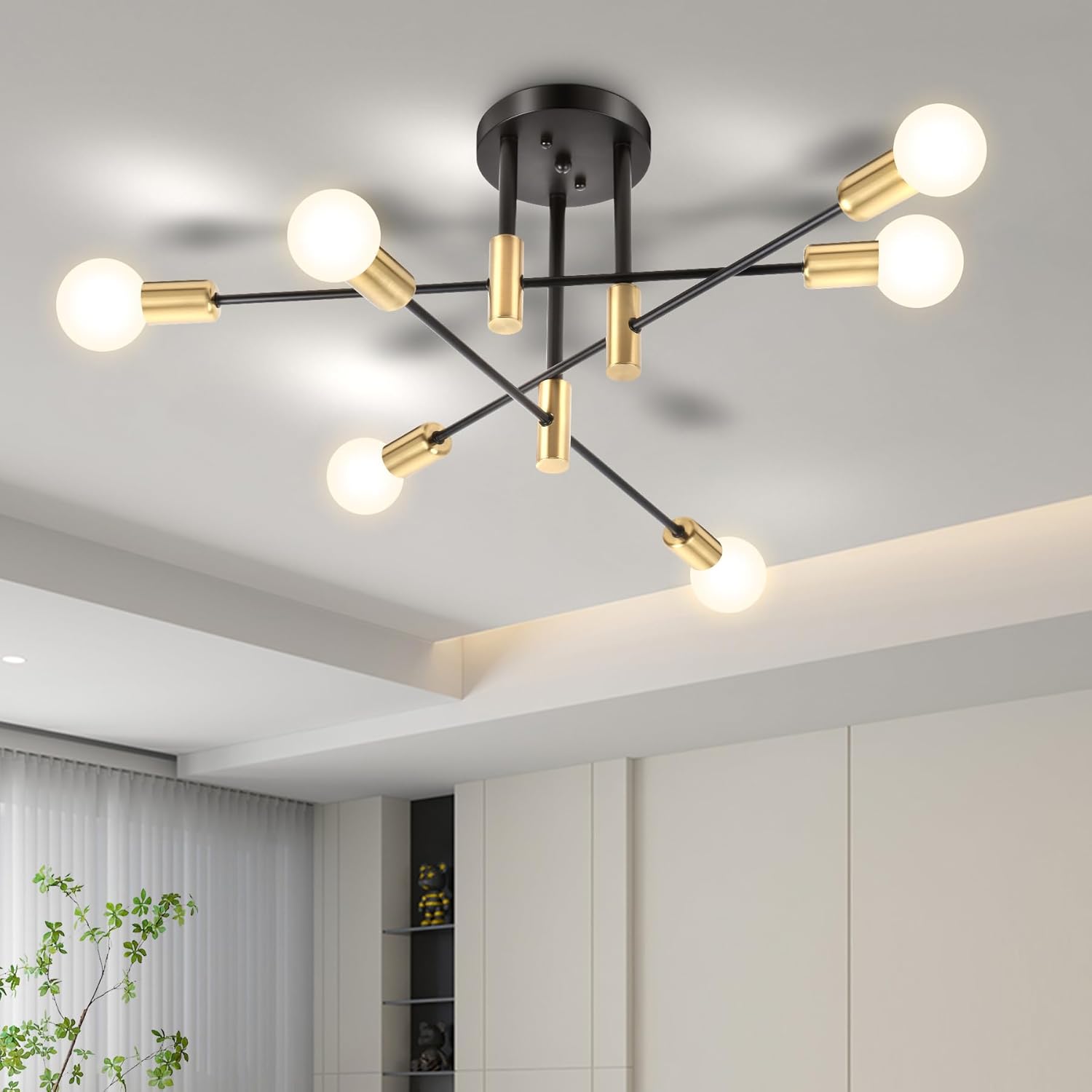 Mid-Century Black Chandelier — 6-Light — Black and Gold