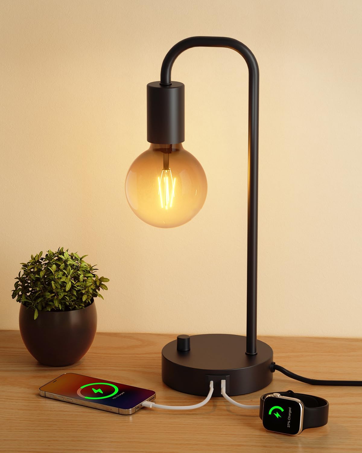 Dimmable Modern Black Bedside Lamp — USB