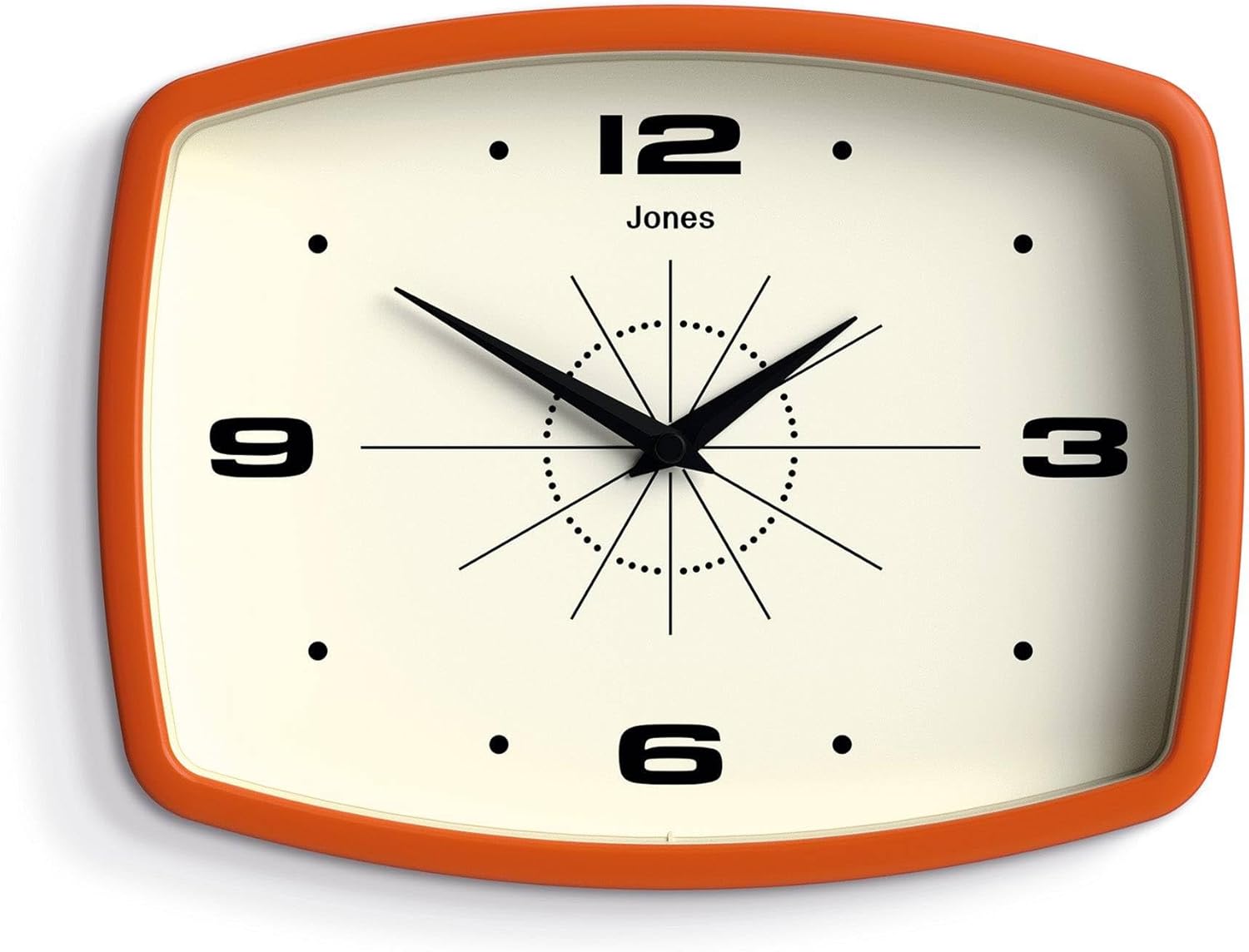 Rectangular Mid-Century Black Wall Clock — 10" — Pumpkin Orange