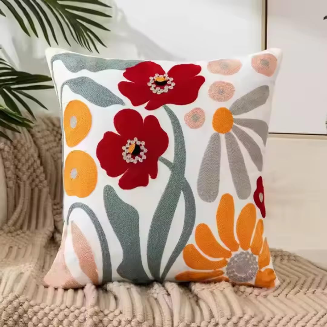 Embroidered Boho Beige Throw Pillow Cover — 18" — Red Blossoms