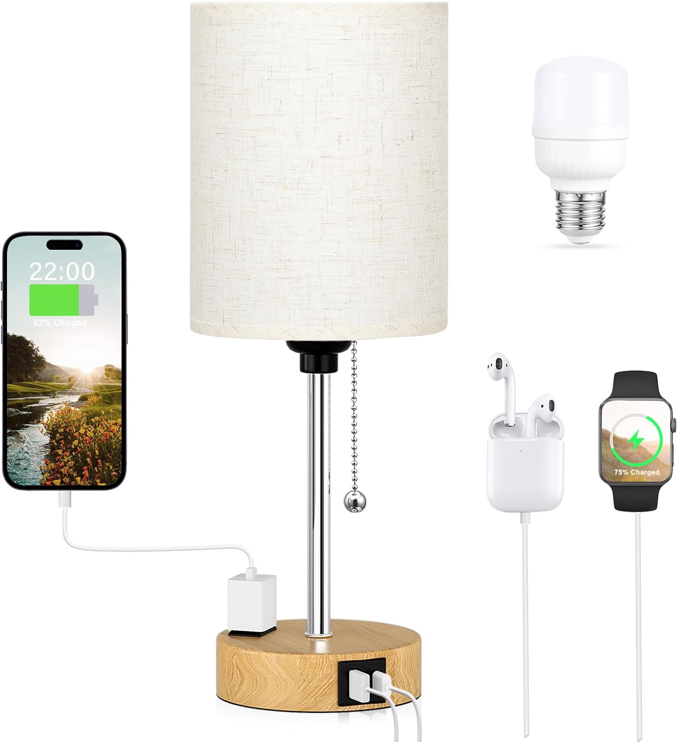 USB Beige Bedside Lamp — 14.6 in