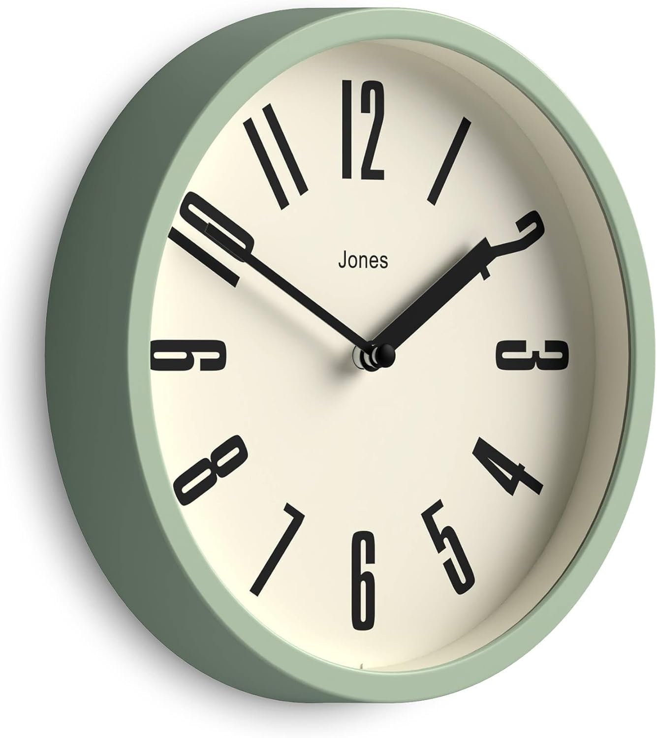 Round Mid-Century Black Wall Clock — 8" — Green