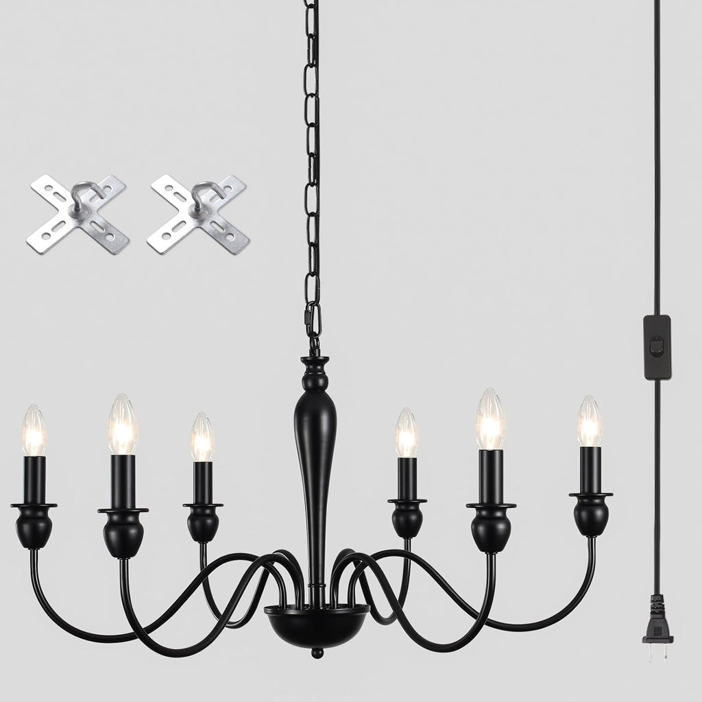 Farmhouse Black Chandelier — 6 Lights-Black-Plug In
