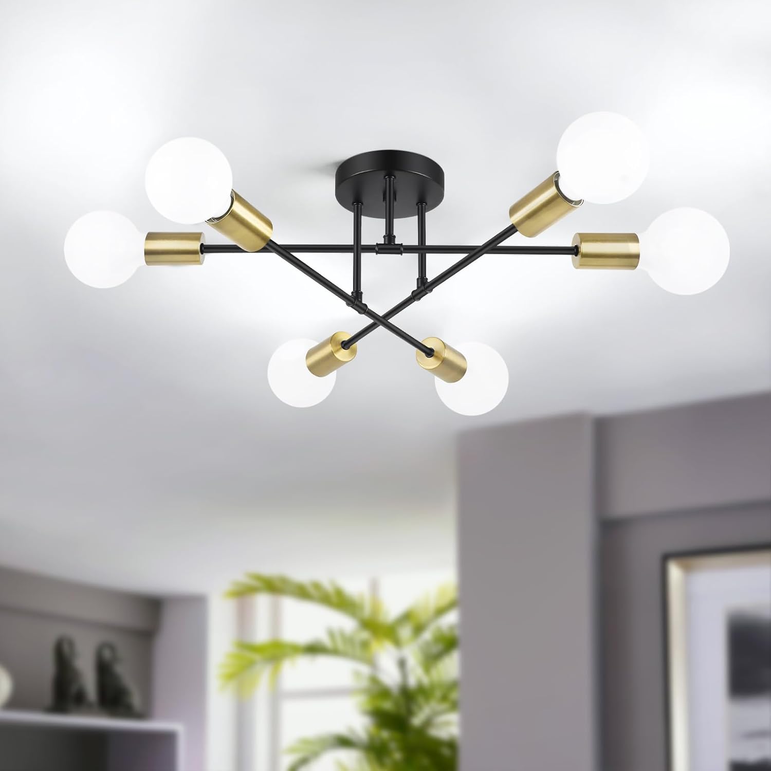 Modern Black Chandelier — 6-Light — Black and Gold