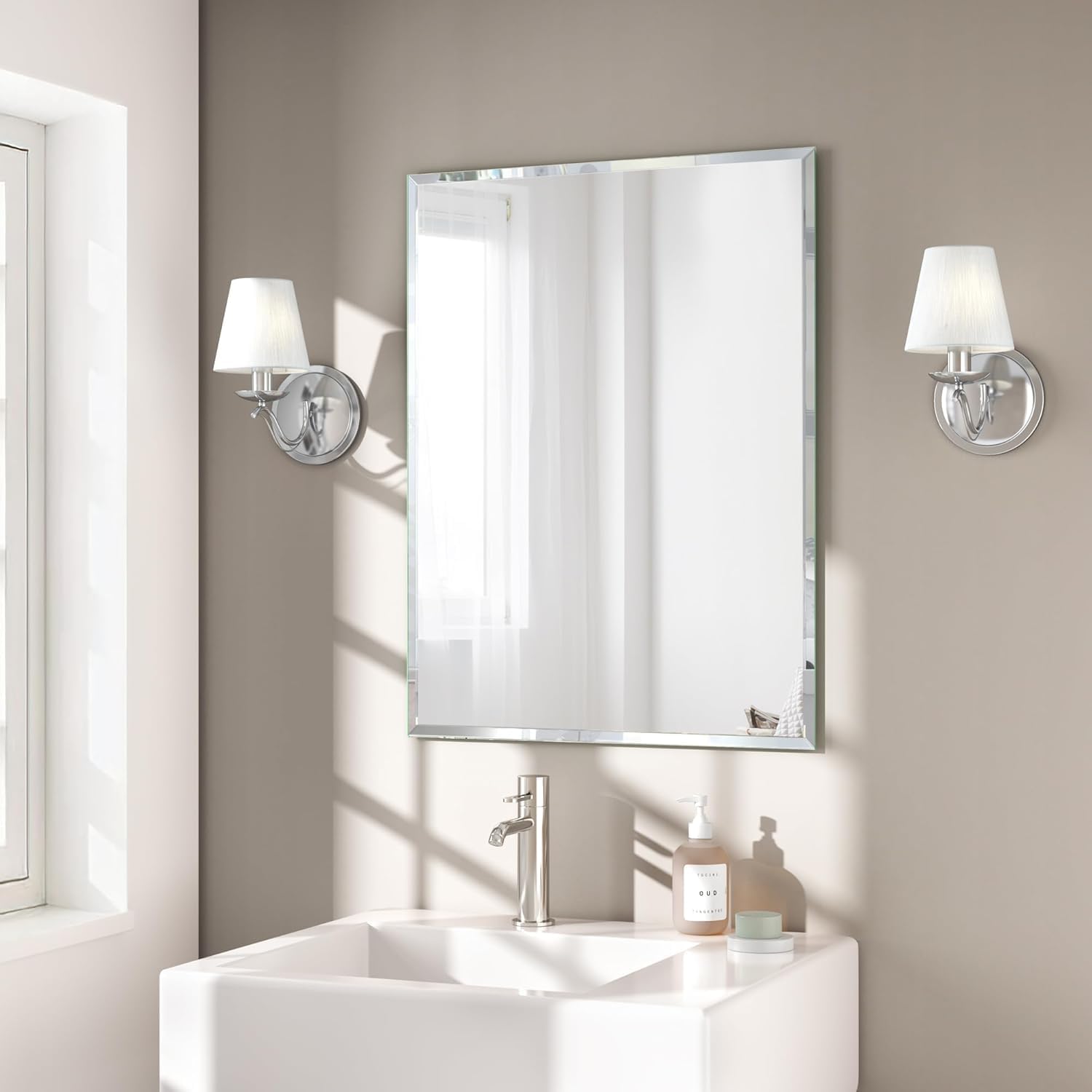 Beveled Beige Wall Mirror — 24" — Rectangular
