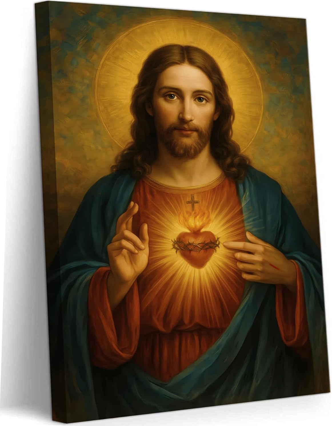 Luxe Blue Canvas Wall Art — 36" — Golden Sacred Heart of Jesus