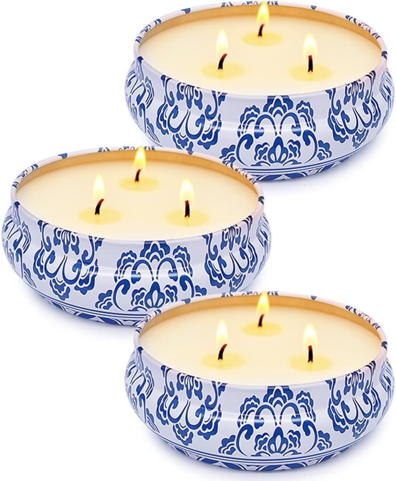Soy Wax Boho Blue Scented Candle — 3x2 — Blue and White