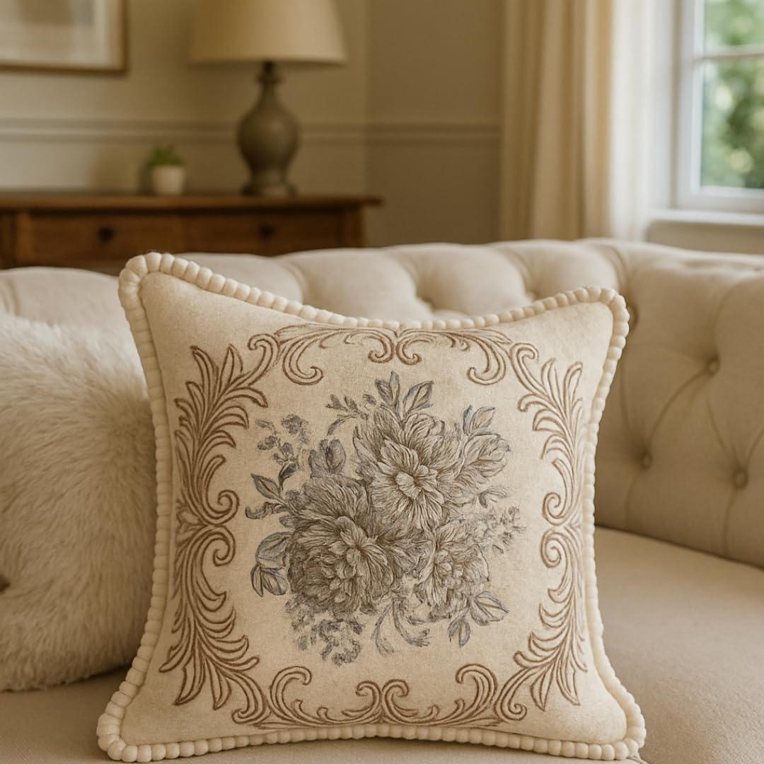 Embroidered Boho Beige Throw Pillow Cover — 18" — Champagne Blue