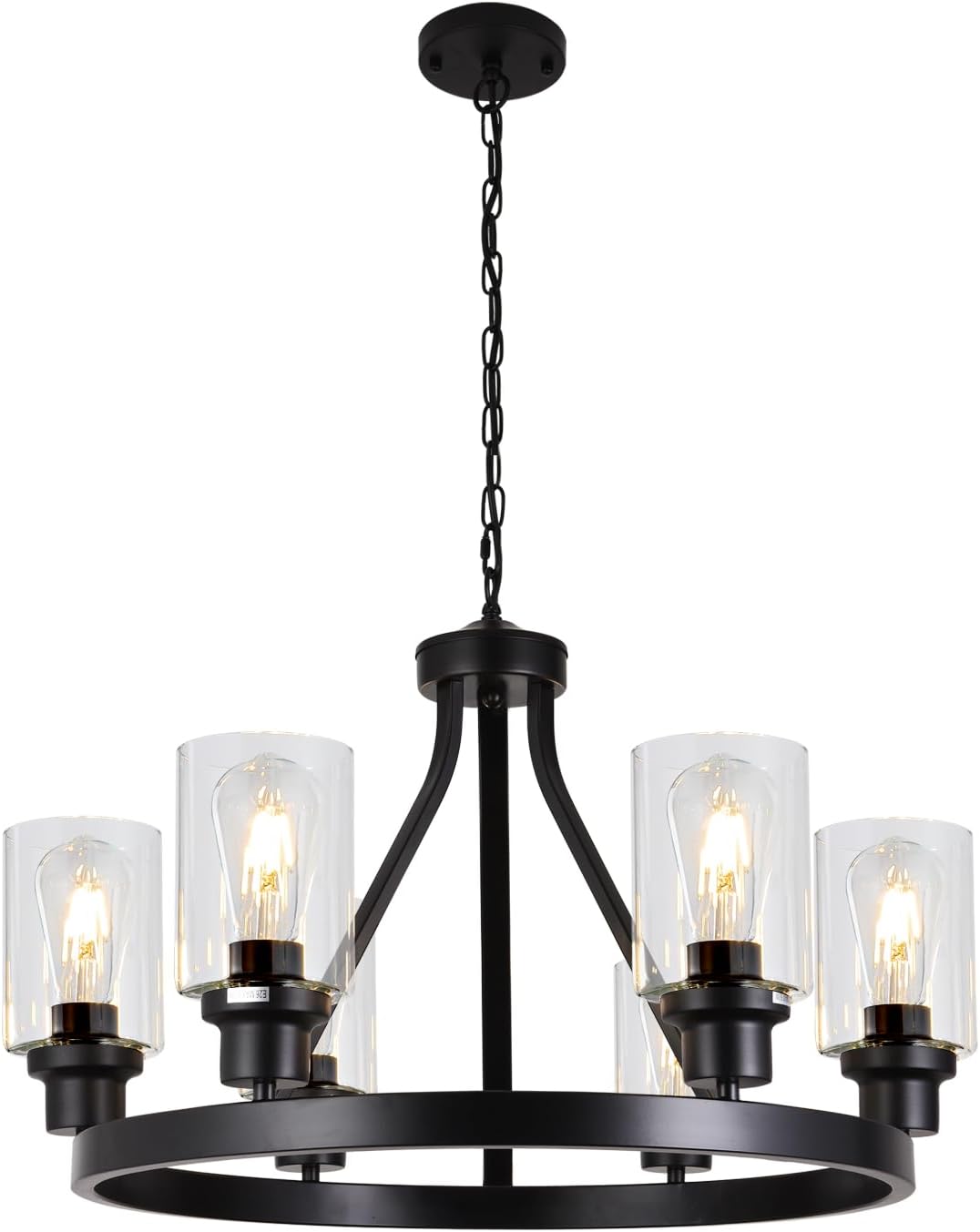 Farmhouse Black Chandelier — 8-Light — Black with glass shade