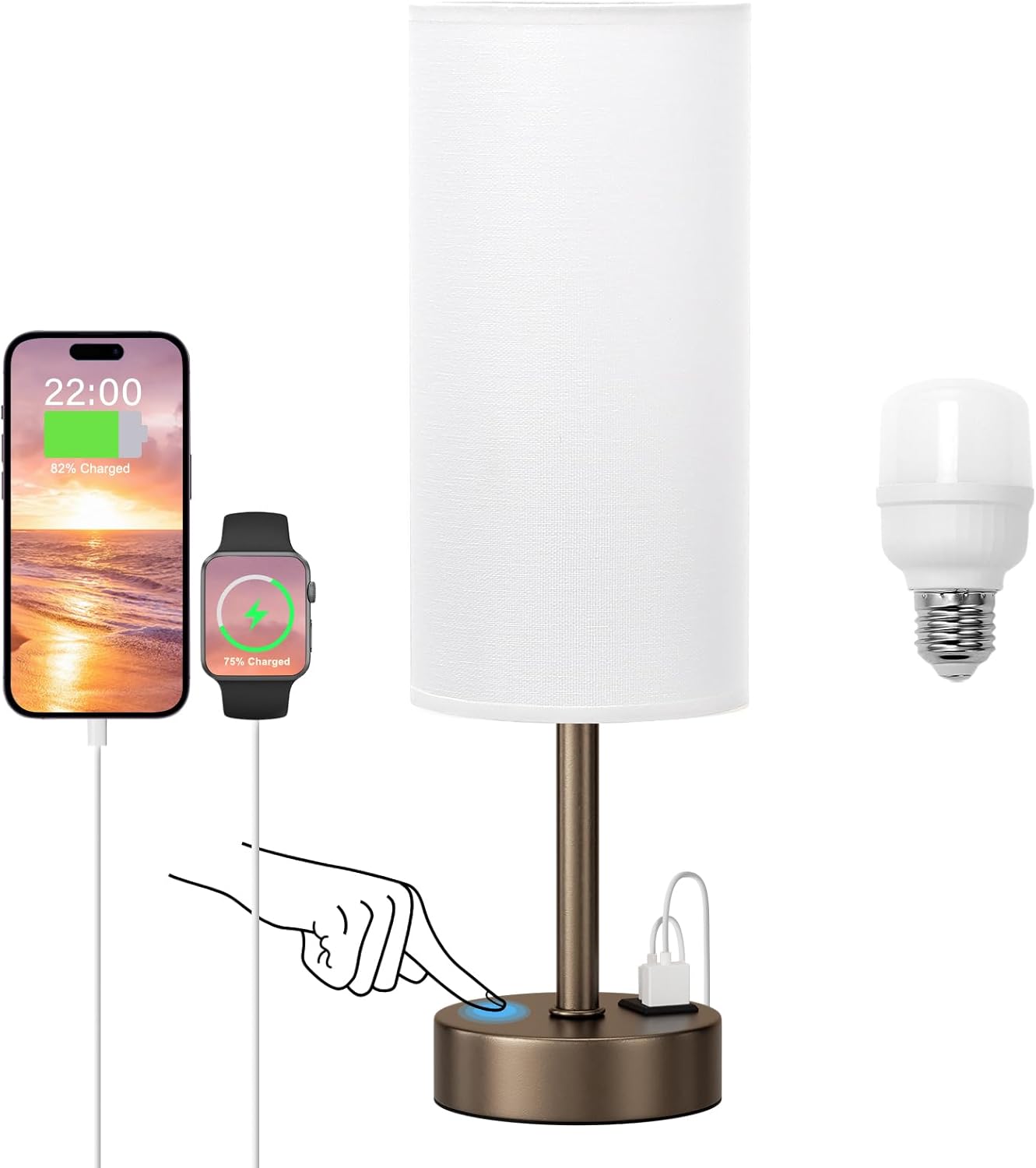 Dimmable Beige Bedside Lamp — 14in