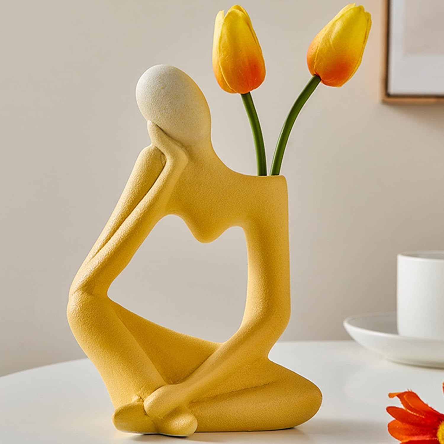 Boho Beige Flower Vase — # B Yellow Ceramic Flower Vase for Home Decor