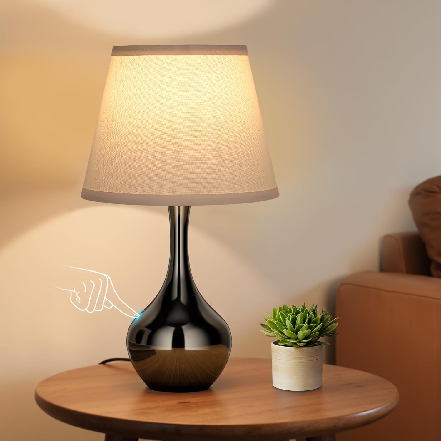 Dimmable Beige Bedside Lamp — 16.1" — F. White Shade & Pearl-black Base
