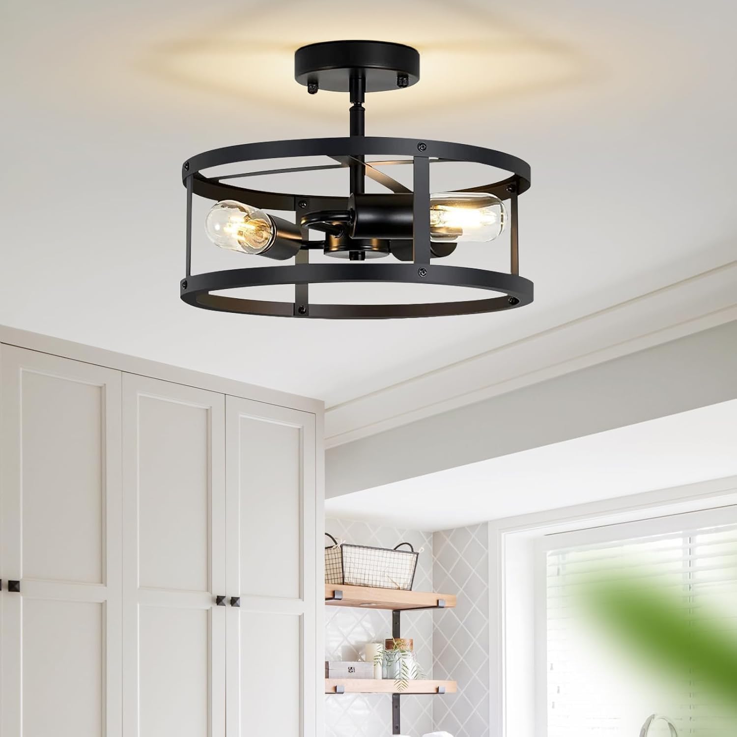 Farmhouse Beige Chandelier — 10-Light — Black Ceiling Cage