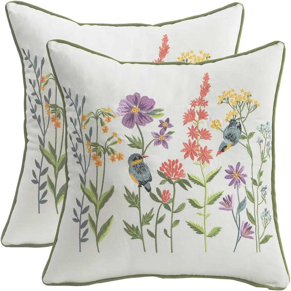 Embroidered Boho Green Throw Pillow Cover — 20" — Birds & Flowers