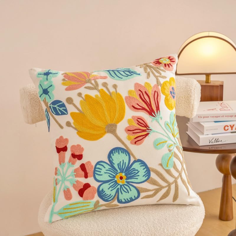 Embroidered Boho Blue Throw Pillow Cover — 18x18 — Embroidery - Flower Mirror