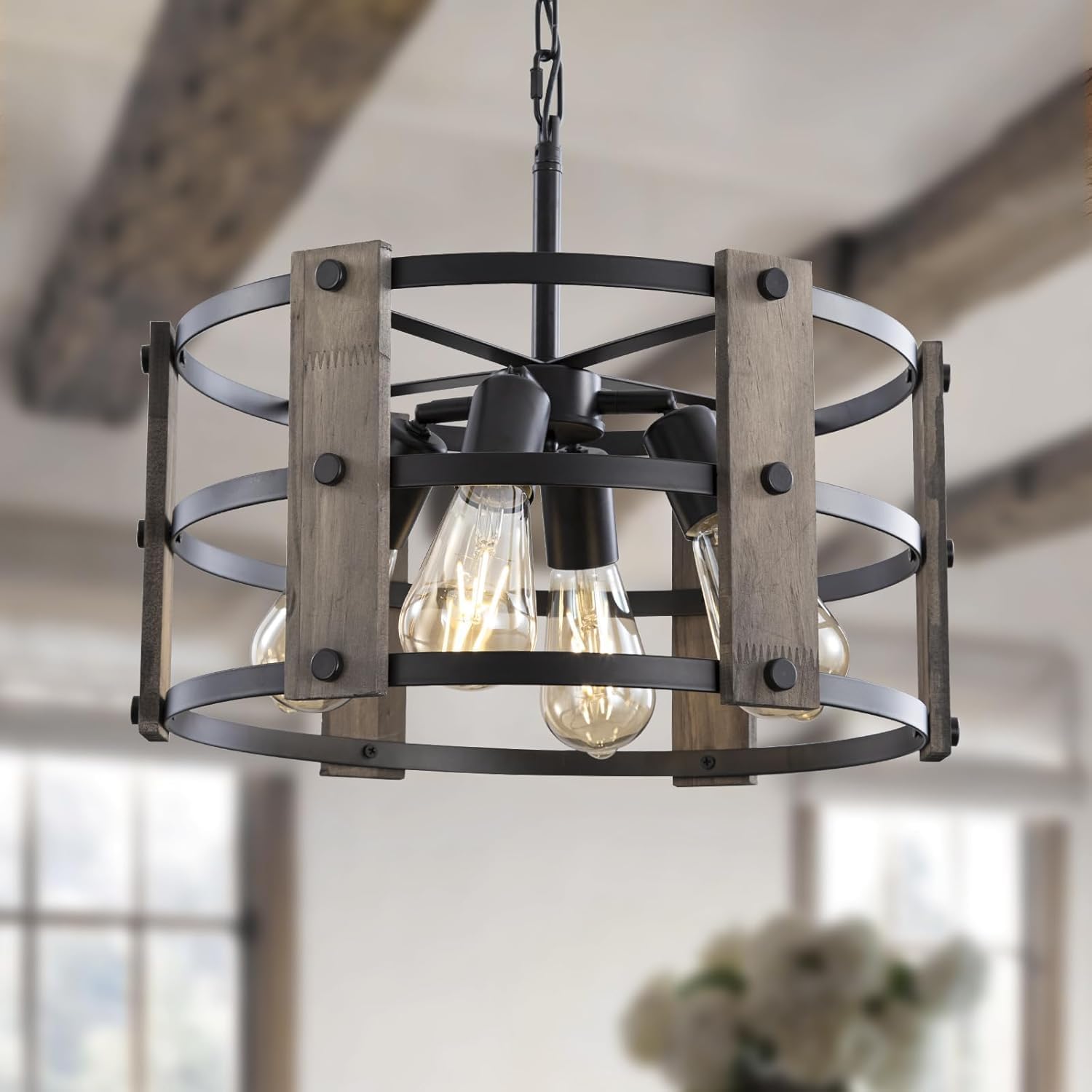 Farmhouse Beige Chandelier — 10-Light — Grey Wood