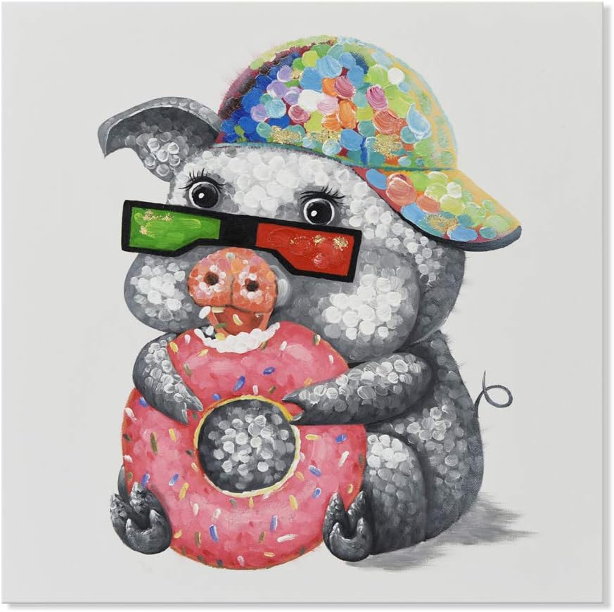 Modern Metal Canvas Wall Art — 12" — Adorable Pig Eats Doughnut