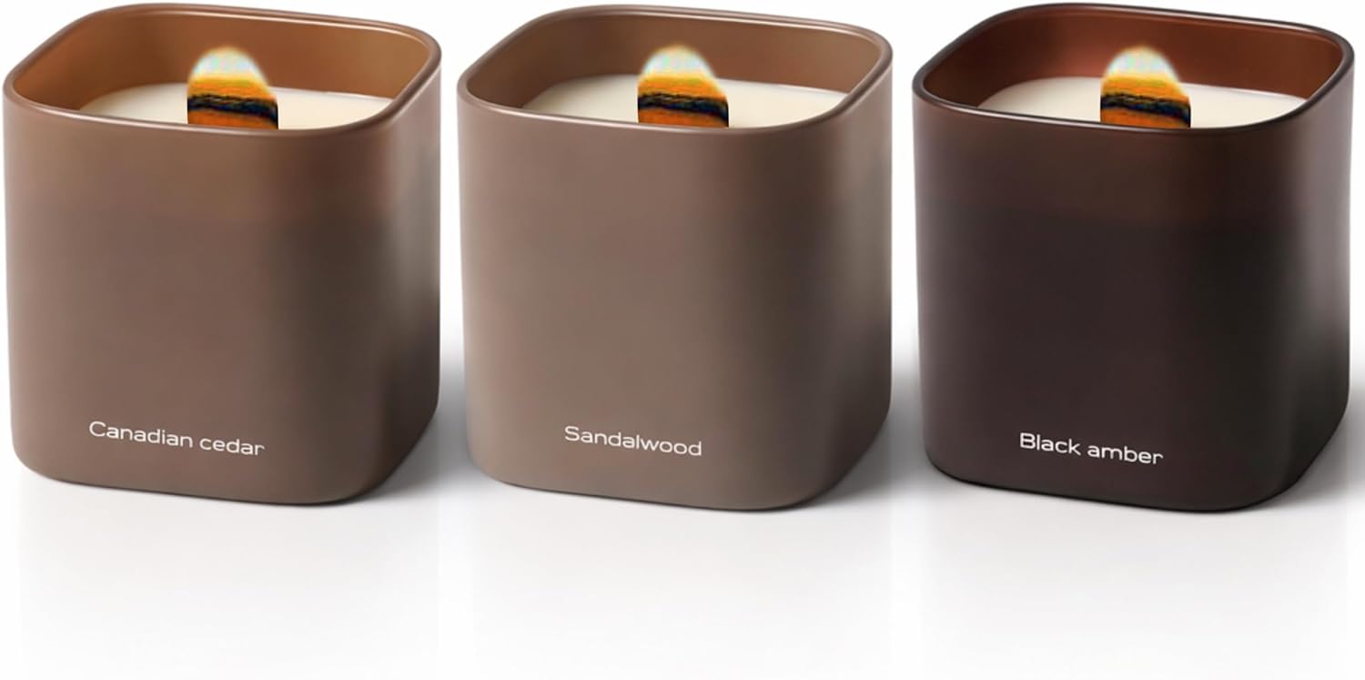 Scented Luxe Wood Soy Candle — Set of 3 — Canadian Cedar, Black Amber, and Sandalwood