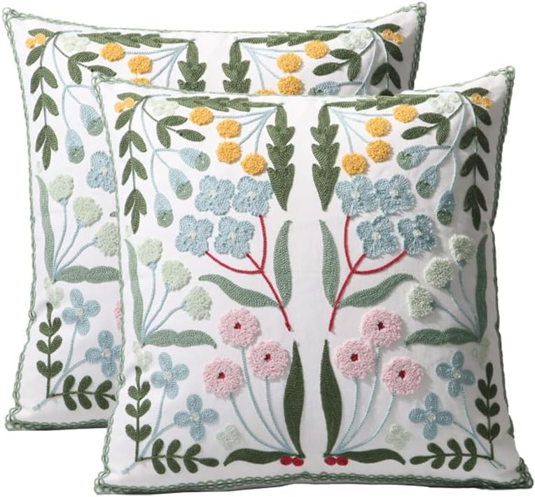 Embroidered Boho Blue Throw Pillow Cover — 18" — Blue Floral